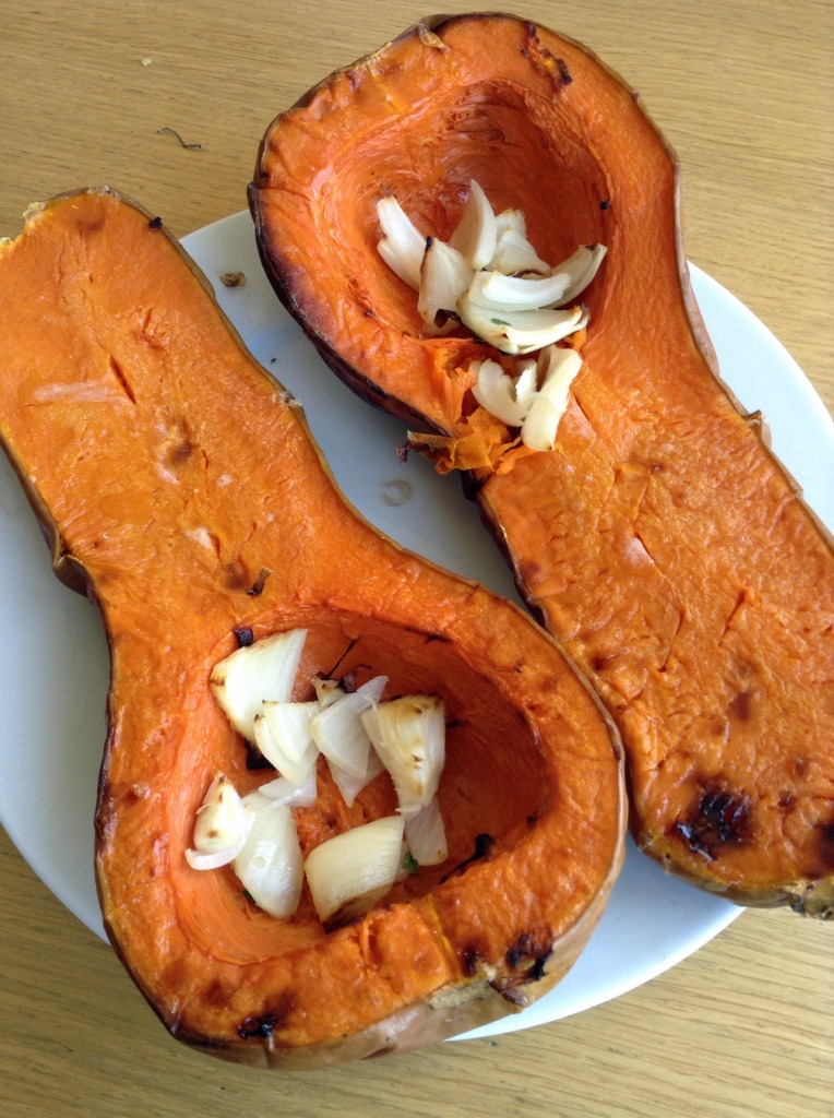 butternut squash halves with onion