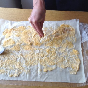 Spread the pumpkin & ricotta filling. Sprinkle with cinnamon sugar and walnuts
