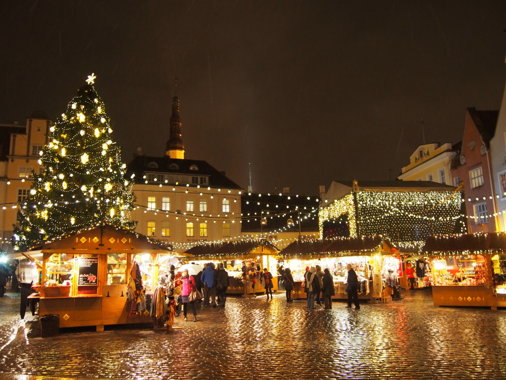 Tallinn, Estonia Old Town Christmas Market with mulled wine and a Christmas Tree