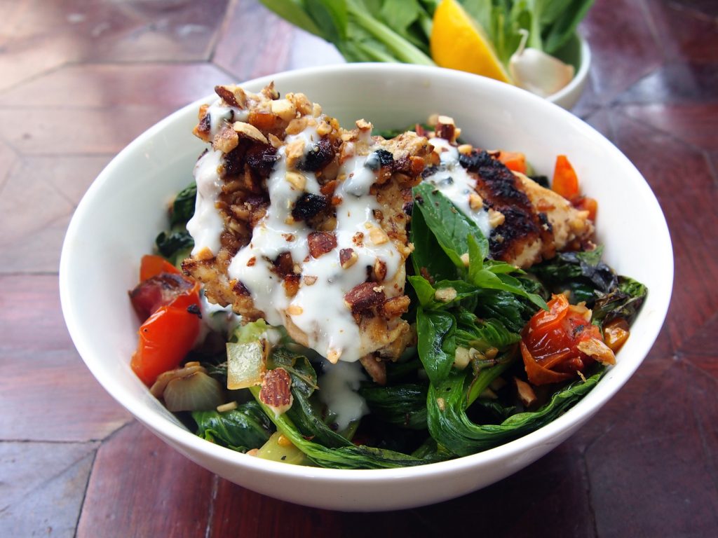 Almond Coated Pan Fried Chicken and Vegetables