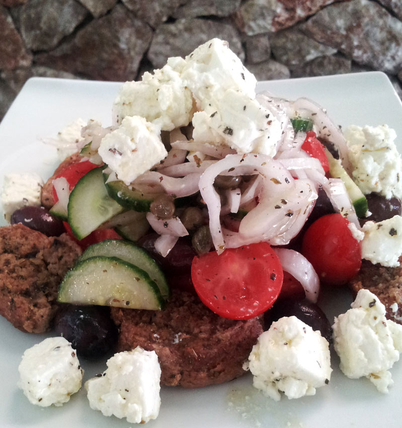Feta Cheese (dairy) and Rusks (dried bread- grains), together they are a complete protein