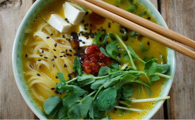 Butternut Squash Ramen Bowl with Rice Noodles, Tofu & Fresh Pea Shoots