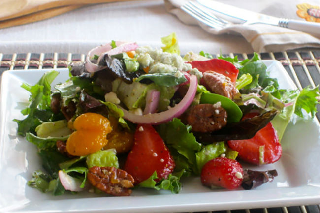 Spring Greens with Strawberries and Candied Pecans