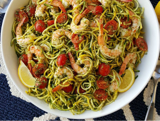 Fresh Pesto Shrimp, & Zoodles