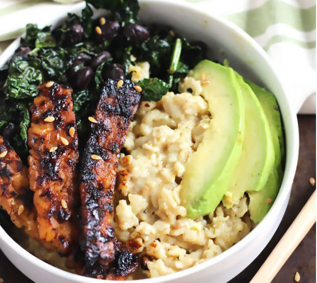 Vegan Savory Oatmeal with Tempeh Bacon
